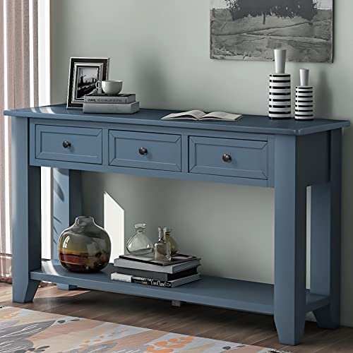 55" Farmhouse Modern Wood Console Table with Drawers & Shelf (Blue)
