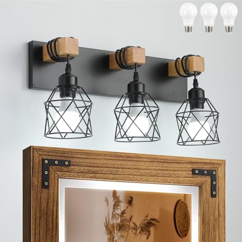 Farmhouse Vanity Light Fixture,3-Light Bathroom Lighting,Black Industrial Wood Wall Light Over Mirror with Metal Shade,LED Bulbs Included