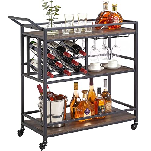 FATORRI Bar Carts for The Home with Wine Rack and Glasses Holder, Rustic Rolling Serving Cart on Wheels for Liquor and Alcohol, Wood and Metal Drink Cart and Beverage Cart (Walnut Brown)