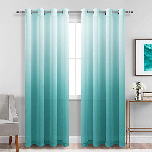 Faux Linen Ombre Sheer Curtains - Teal
