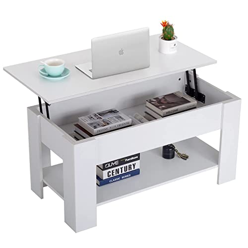 White Wooden Lift Top Coffee Table with Hidden Storage Shelf