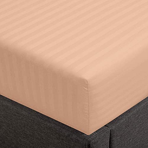 Feather & Stitch 100% Cotton 1 Piece Damask Stripe Queen Fitted Sheet 500 Thread Count Maple 18 Inch Extra Deep Pocket Luxury Sateen Weave Stretchable Elastic Fits Mattress Perfectly