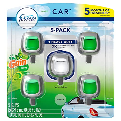 Febreze Car Air Freshener, Set of 5 Clips, 4 Gain Scent, 1 Heavy Duty