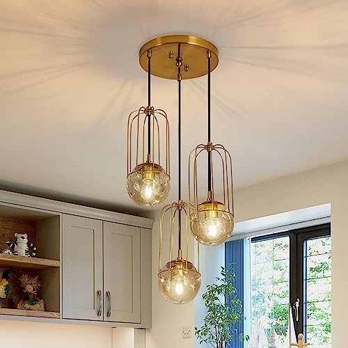 FGSADI 3 Light Mid Century Modern Pendant Light Fixture Gold with Glass Globe Adjustable Hanging Cage Ceiling Chandelier for Kitchen Island Farmhouse Dining Room Foyer and Entryway