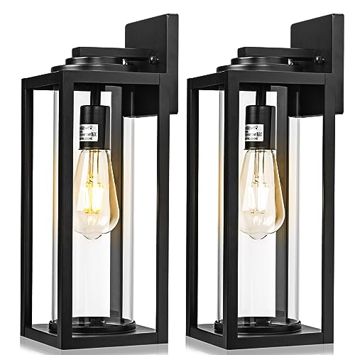 Modern Black Outdoor Wall Lights - 2 Pack Large Fixture with Clear Glass Shade
