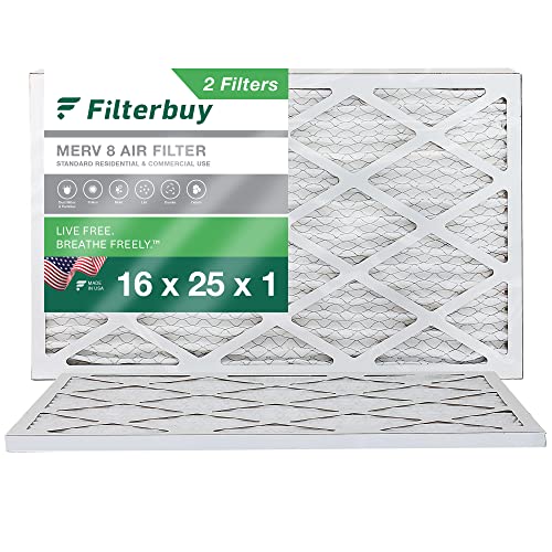 Filterbuy 16x25x1 Air Filter MERV 8 Dust Defense (2-Pack), Pleated HVAC AC Furnace Air Filters Replacement (Actual Size: 15.50 x 24.50 x 0.75 Inches)