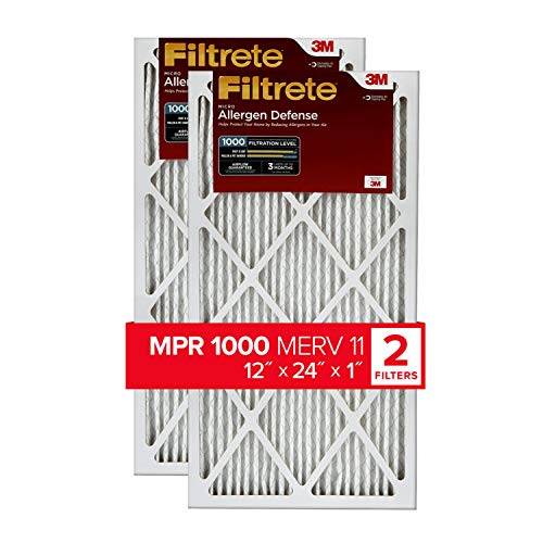 Filtrete 12x24x1 Air Filter, MPR 1000, MERV 11, Micro Allergen Defense 3-Month Pleated 1-Inch Air Filters, 2 Filters