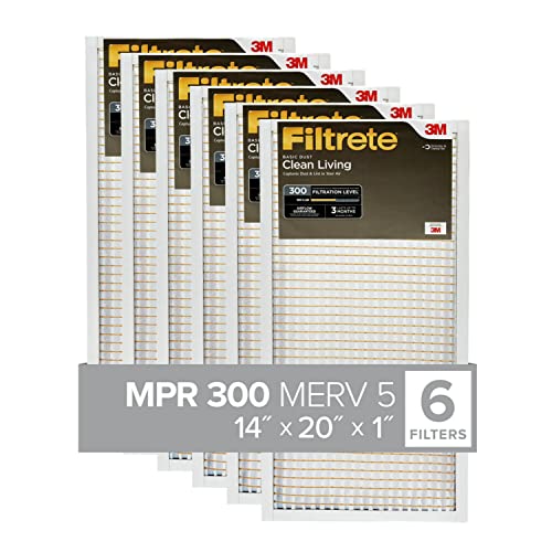 Filtrete 14x20x1 Air Filter, MPR 300, Clean Living Basic Dust 3-Month Pleated 1-Inch Air Filters, 6 Filters