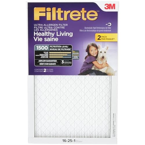Filtrete 16x25x1 Air Filter, MPR 1500, MERV 12, Healthy Living Ultra-Allergen 3-Month Pleated 1-Inch Air Filters, 2 Filters