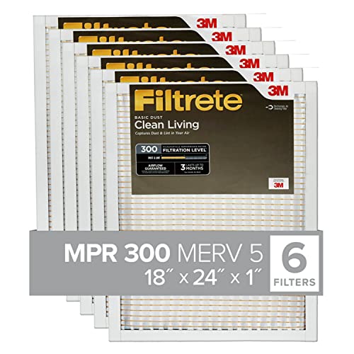 Filtrete 18x24x1 Air Filter, MPR 300, Clean Living Basic Dust, 6 Pack