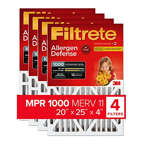 Filtrete 20x25x4 Air Filter, MPR 1000, MERV 11, Allergen Defense 12-Month Deep Pleated 4-Inch Air Filters, 4 Filters