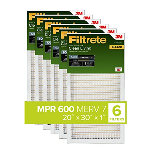 Filtrete 20x30x1 Air Filter, MPR 600, MERV 7, Clean Living Dust Reduction 3-Month Pleated 1-Inch Air Filters, 6 Filters