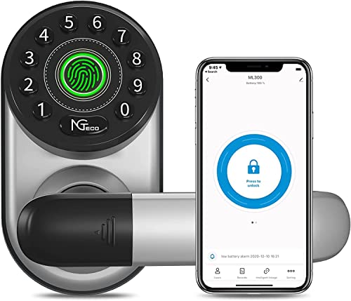 Fingerprint Keyless Entry Door Lock, NGTeco Smart WiFi Lock with Reversible Handle, Bluetooth Electronic Deadbolt, Biometric Door Lock, Keypad Door Lock, Passcode Door Lock, Digital Door Lock Silver