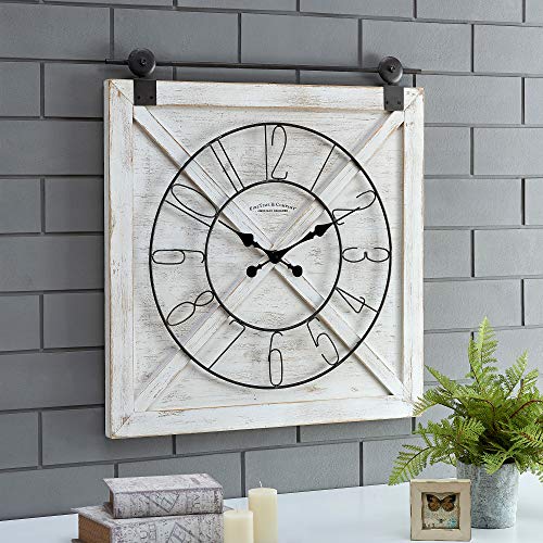 FirsTime & Co. White Farmstead Barn Door Wall Clock for Home Office, Kitchen, Living Room, Bedroom, Square, Wood and Metal, Farmhouse Decor, 29 x 27 inches
