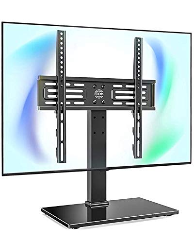 FITUEYES Universal TV Stand Table Top TV Stand for 27-55 inch LCD LED TVS Height Adjustable TV Base with Tempered Glass Base Wire Management VESA 400x400mm Holds 88 Pounds, Black