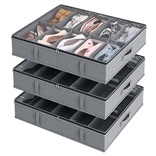 Fixwal Under Bed Shoe Storage Set of 3, Adjustable Dividers, Clear Window, Fits 30 Pairs, Gray