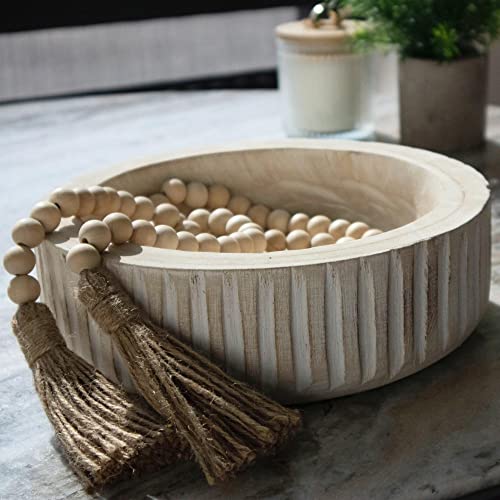 FJ Designs Decorative Bowl Set - Farmhouse Wooden Bowl, Beads Garland