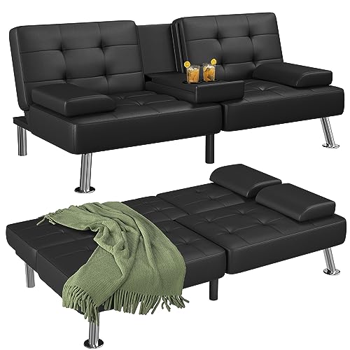 Flamaker Modern Faux Leather Futon Sofa Bed with Cup Holders (Black)