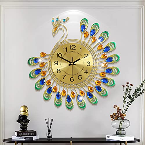 FLEBLE Large Wall Clock: Elegant Peacock Design with Crystal Accents
