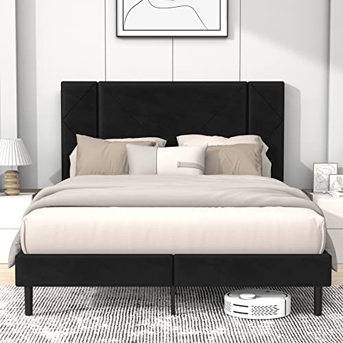 Flolinda Velvet Upholstered Queen Bed Frame with Wood Slat, Black