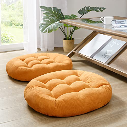 Large Round Tufted Corduroy Floor Cushions, Set of 2, Orange Yellow