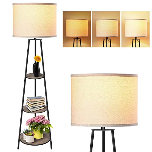 3-Tier Corner Shelf Floor Lamp - Modern, Dimmable, White Fabric Shade