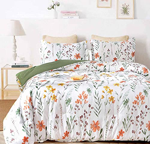Floral Duvet Cover - Yellow Flowers and Green Leaf Spring Botanical Printed Microfiber Comforter Cover Set