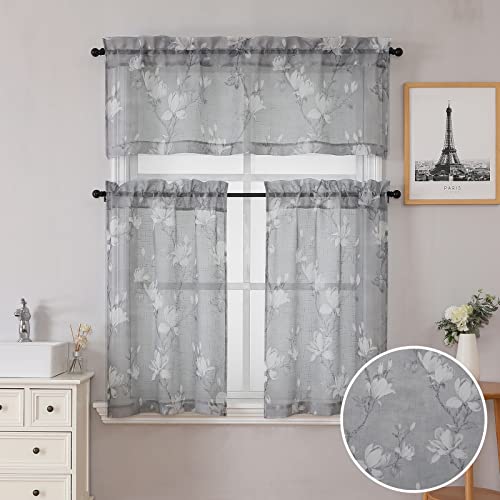 Floral Short Semi Sheer Linen Curtains for Living Room