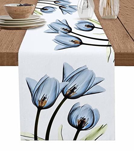 Floral Table Runner-Blue Tulip Cotton Linen-Small 36 inche Dresser Scarves,Flower Rustic Tablerunner for Kitchen Coffee/Dining Table Bedroom Home Living Room,Summer Spring Holiday Dinner Scarf Decor