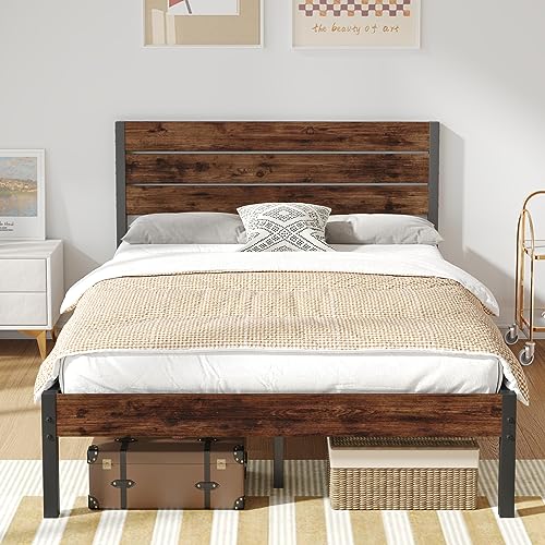 Fluest Full Bed Frame with Under Bed Storage, Rustic Brown