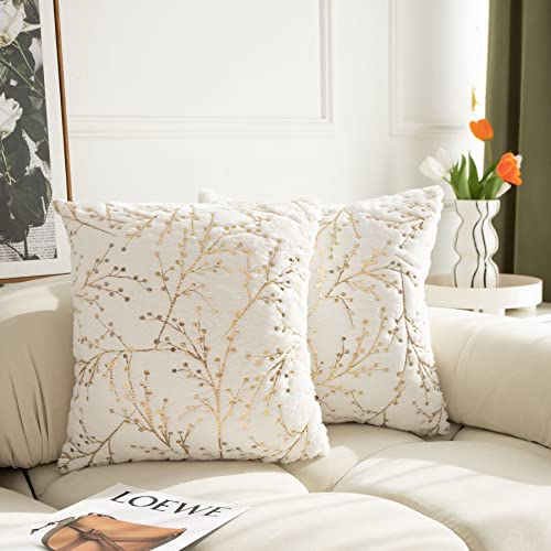 Fluffy White Faux Fur Pillow Covers with Gold Branches