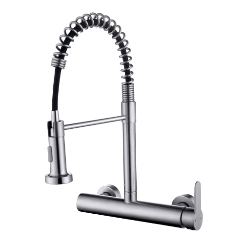 FLWUEUE Wall Mount Faucet with Pull Down Sprayer, Brushed Nickel