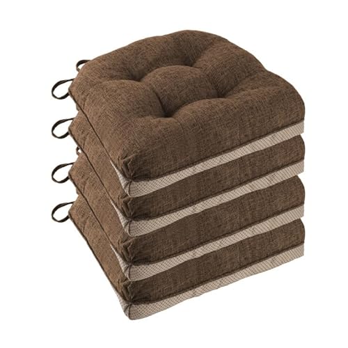 FlyGulls Non Slip Chair Cushions for Dining Chairs Set of 4 Kitchen Chair Cushions 18"x18"x3" Turfted Chair Pads Comfortable and Soft Seat Cushion with Ties, Coffee