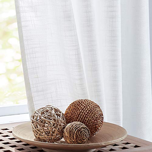 FMFUNCTEX White Sheer Curtains for Living Room Bedroom Linen Textured Window Curtain Set 84-inch Long 52”w 2 Panels Grommet Top