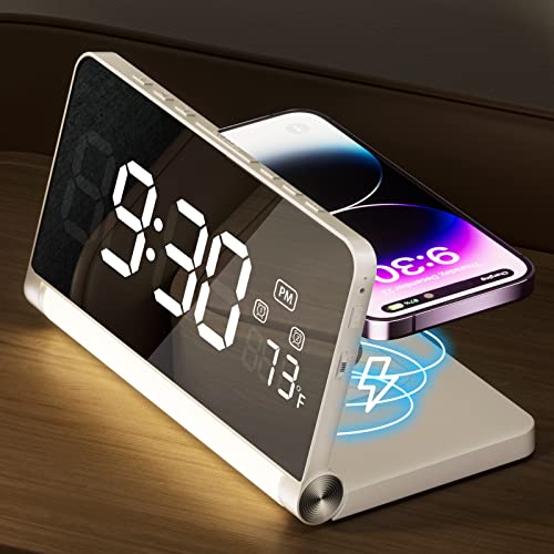 Foldable Alarm Clock with Wireless Charging, White Noise, and Night Light