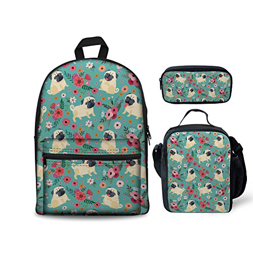 FOR U DESIGNS Floral Pugs Kid's Teen Boys Girls School Backpack Pencil Case Lunchbox 3 Piece/Set Blue