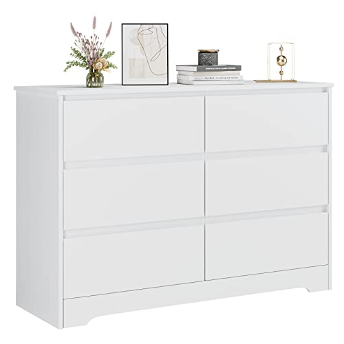 FOTOSOK 6 Drawer Double Dresser - White Dresser for Modern Storage
