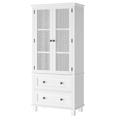 FOTOSOK Tall Kitchen Pantry Cabinet with Rattan Doors, 2 Drawers
