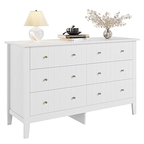 FOTOSOK White Dresser, Chest of Drawers, Modern 6 Drawer Double Dresser with Deep Drawers, Wide Storage Organizer Cabinet for Living Room, Hallway