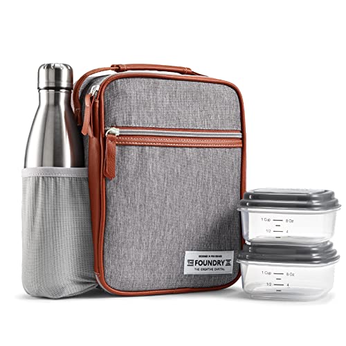 Foundry by Fit + Fresh, Thayer Insulated Lunch Bag with 2 Food Containers & a Stainless Steel Tumbler, Reusable Lunch Box & Mini Cooler Bag, Perfect for Work, Picnics & More, Grey