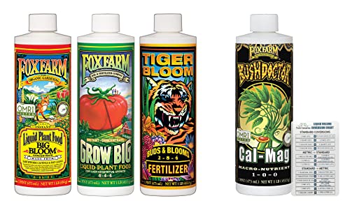 Fox Farm Plant Fertilizer Soil Bundle: Big Bloom, Grow Big, Tiger Bloom, Cal-Mag (Pack of 4-16 oz Bottles) + Twin Canaries Chart