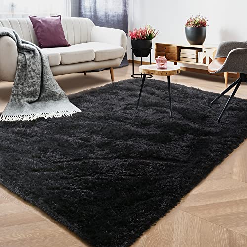 Foxmas Black Fluffy 4x6 Area Rug with Rubber Backing, Washable Bedroom Aesthetic