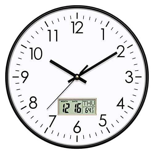 12 Inch Non-Ticking Silent Wall Clock with Date, Temperature" - Foxtop
