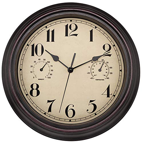 Foxtop Indoor Outdoor Waterproof Wall Clock with Thermometer and Hygrometer Combo, 12 inch Retro Silent Non-Ticking Battery Operated Quality Quartz Round Clock for Patio Home Decor (Bronze)