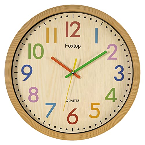 Colorful 12 Inch Non-Ticking Kids Wall Clock by Foxtop