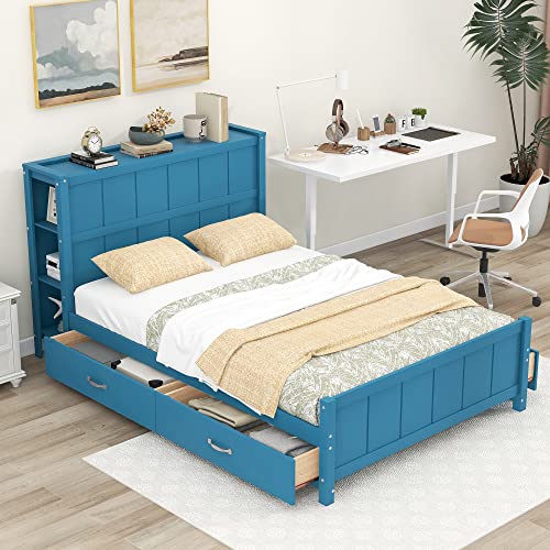 Full Size Bed Frame with Bookcase Headboard and Storage Drawers