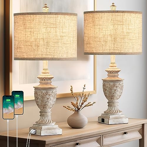 Fullarge Farmhouse Traditional Table Lamp Set of 2 for Living Room,Rustic Vintage Bedside Lamp Resin Nightstand Lamps with Dual USB Ports,27" Oak Leafwork White Washed Finish Lamps for Bedroom, Office