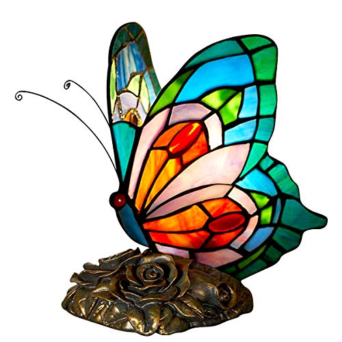 FUMAT Blue Tiffany LED Bedside Table Lamp with Butterfly Stained Glass Shade