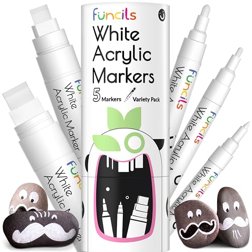 Funcils 5 Acrylic White Paint Pens - Fine & Jumbo Sizes - Permanent Marker for Multiple Surfaces
