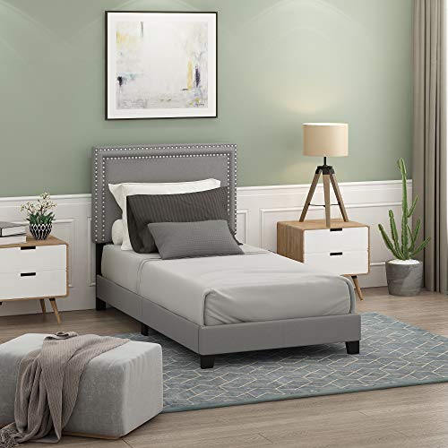 Furinno Laval Double Row Nail Head Upholstered Platform Bed Frame, Twin, Glacier